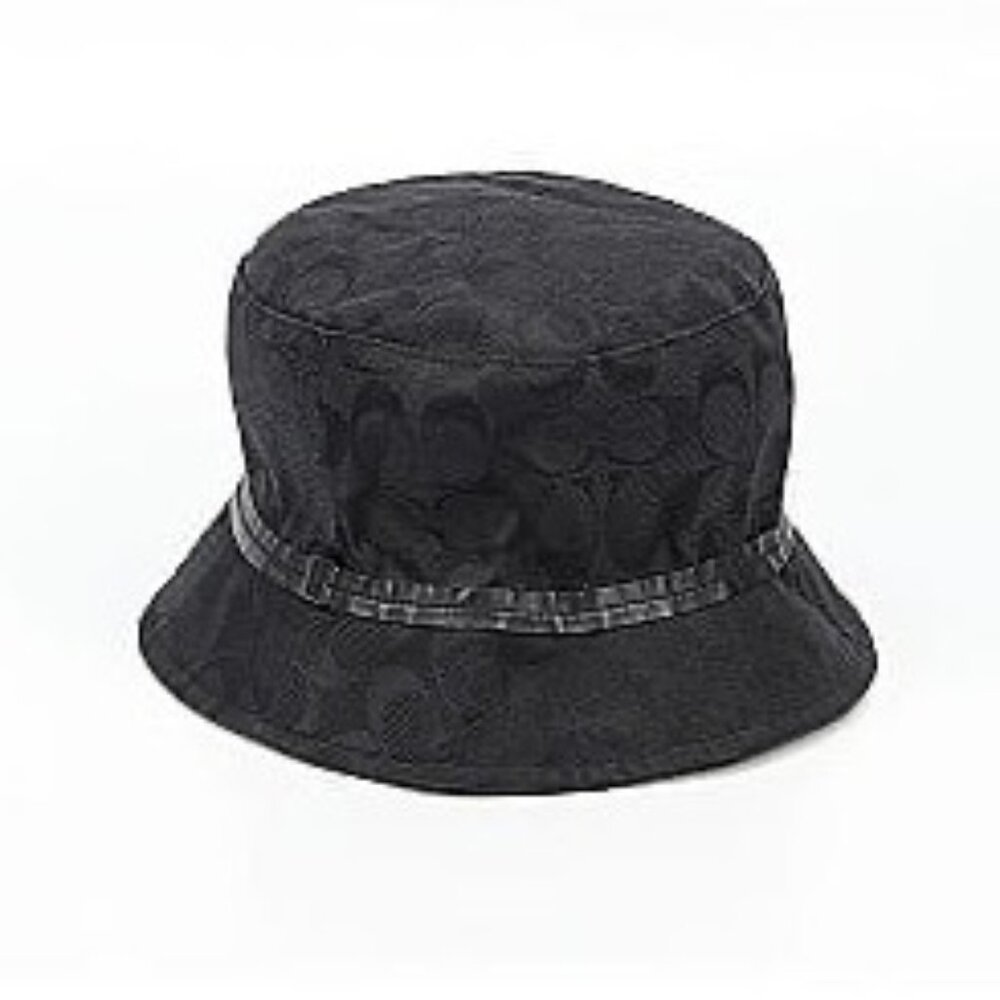 Vintage Coach Black CC Logo Jacquard Designer Bucket Hat W/Faux Leather Trim Y2K